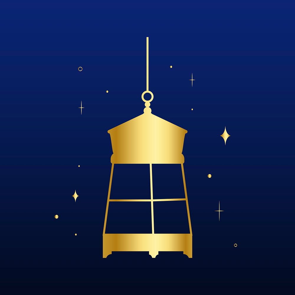 Golden Arabic lantern sticker line art, dark blue background psd