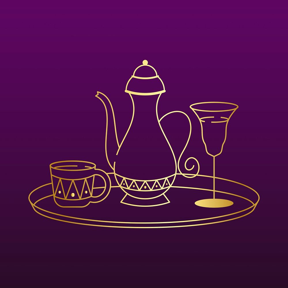 Golden Arabic tea sticker line art, dark purple background vector