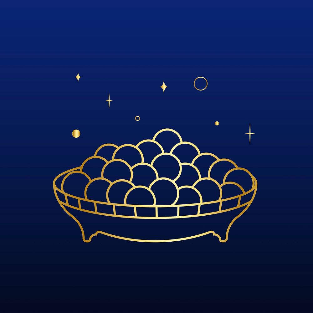 Golden Eid food sticker line art, dark blue background vector