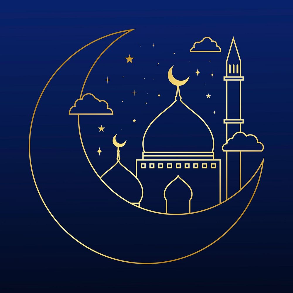 Eid Mubarak line art illustration, luxurious design on dark blue background vector