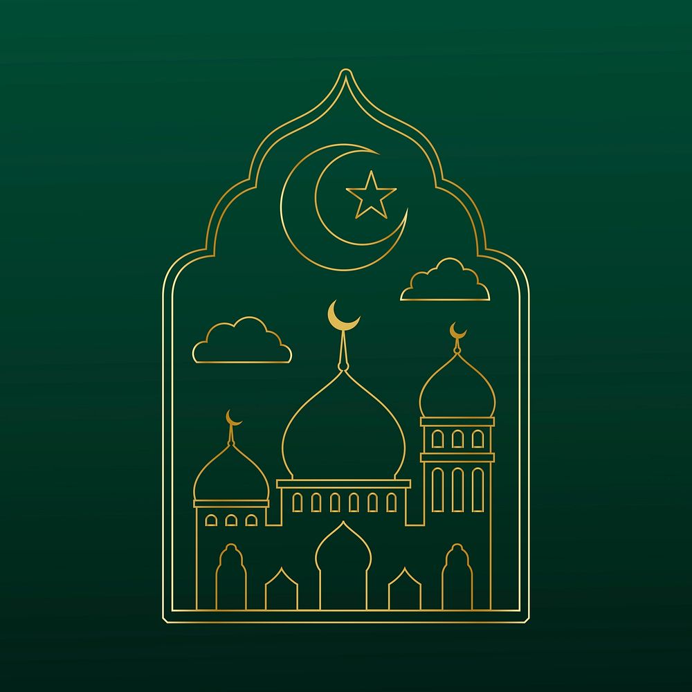 Eid Mubarak line art illustration, luxurious design on dark green background vector