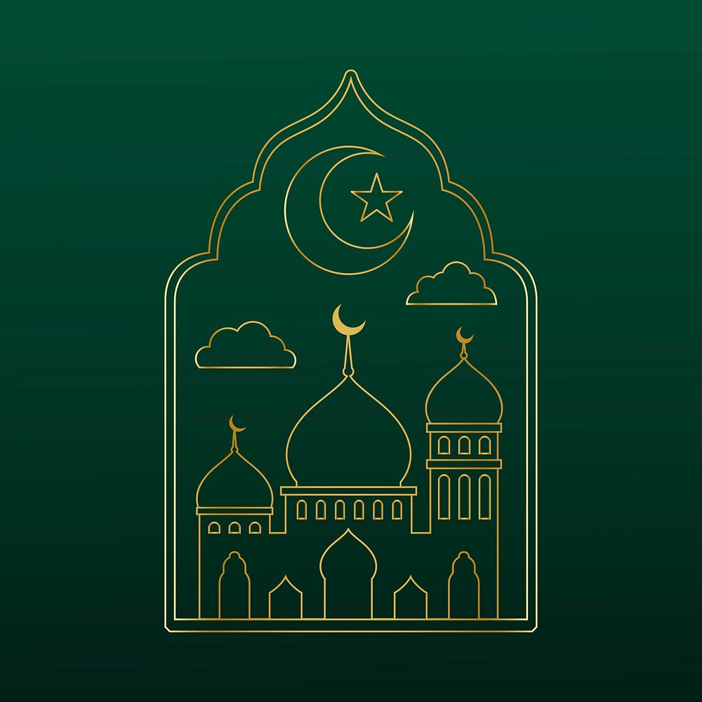 Eid Mubarak line art illustration, luxurious design on dark green background psd