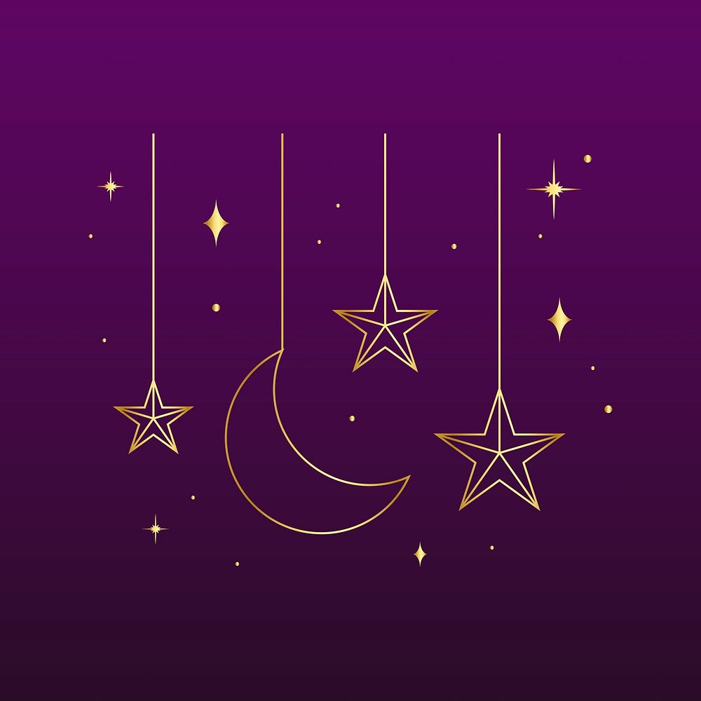 Golden celestial sticker line art, dark purple background vector