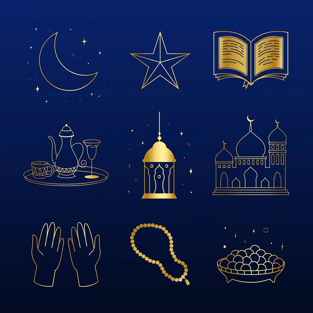 Golden line art Eid Mubarak illustration on dark blue background psd set