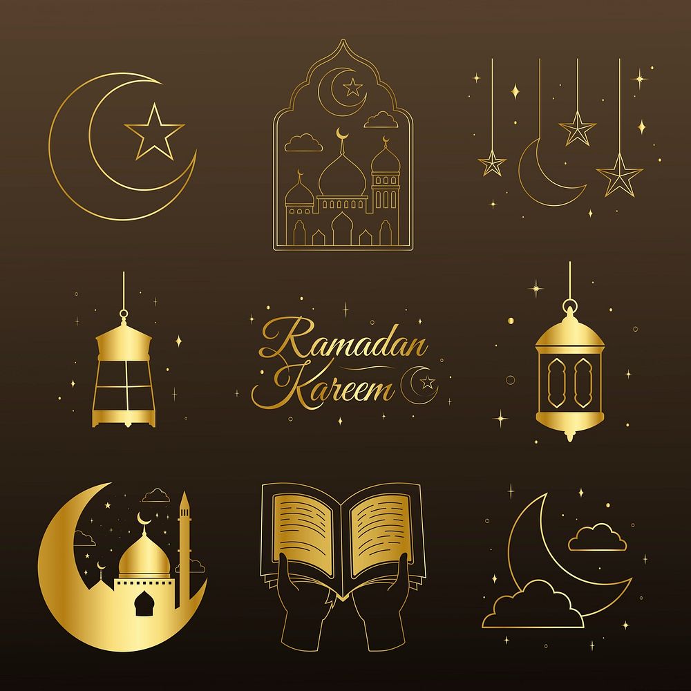 Luxurious line art Ramadan illustration on dark tone background vector set