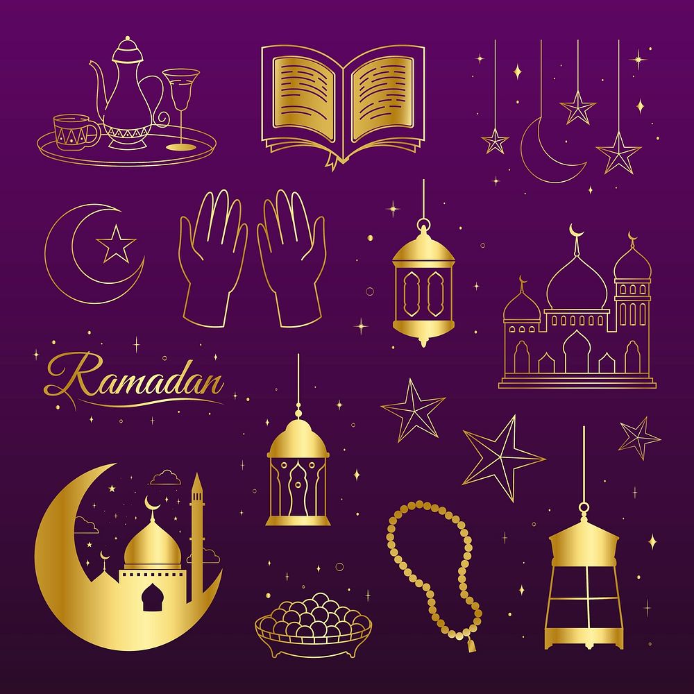 Luxurious line art Ramadan illustration on dark purple background psd set