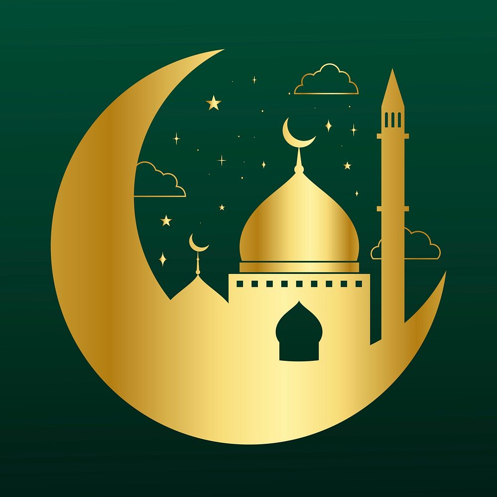 Ramadan line art illustration, golden design on dark green background psd