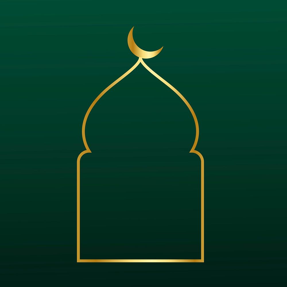 Golden line art mosque arch illustration on dark green background psd