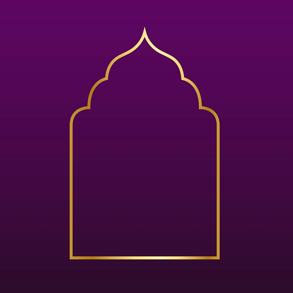 Golden line art mosque arch illustration on dark purple background vector