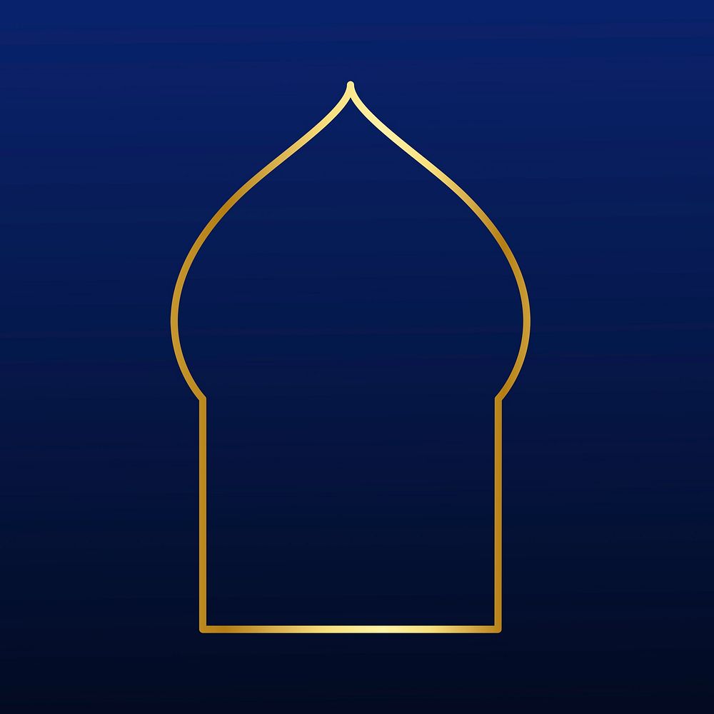Golden line art mosque arch illustration on dark blue background vector