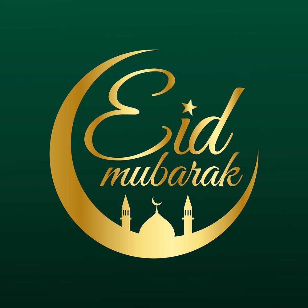 Golden line art Eid Mubarak text illustration on dark green background vector