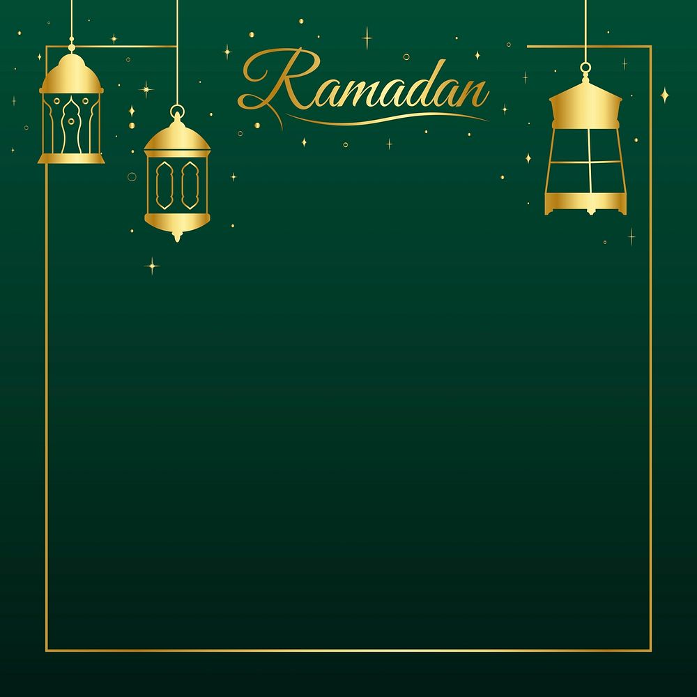 Ramadan frame, golden line art on dark green background