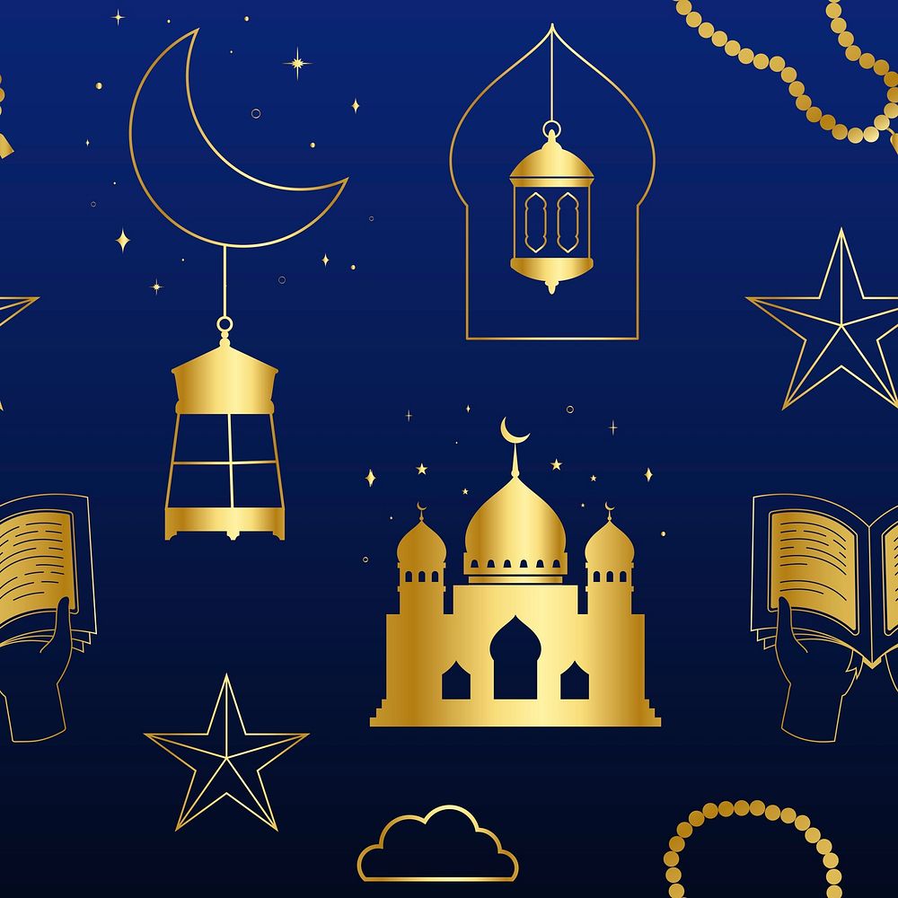 Aesthetic Ramadan background, golden seamless pattern line art vector