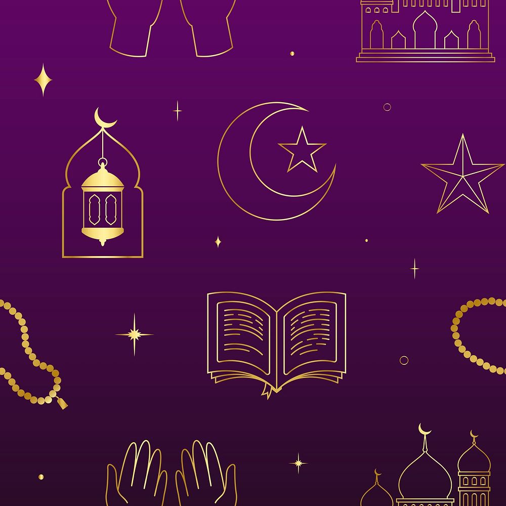 Aesthetic Ramadan background, golden seamless pattern line art psd