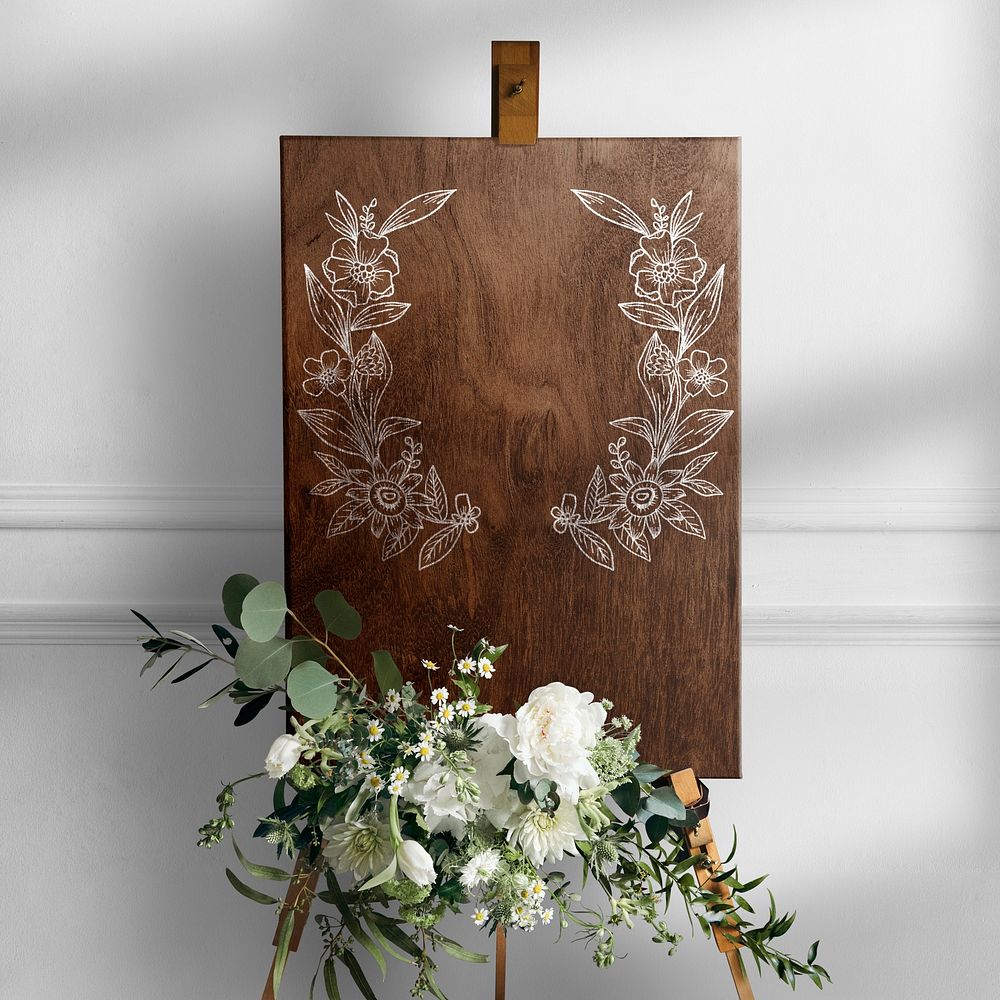 Wedding wooden board with white flower, design space