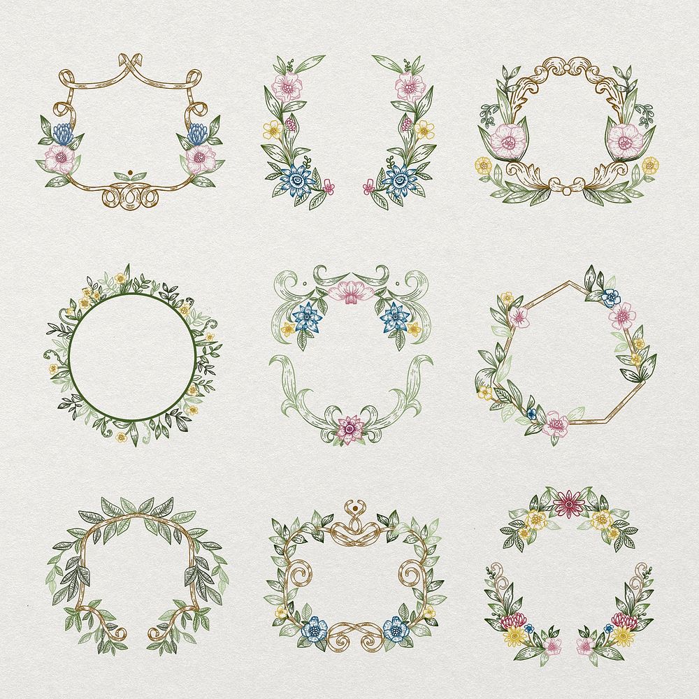 Vintage frame, flower wreath illustration, botanical design set psd