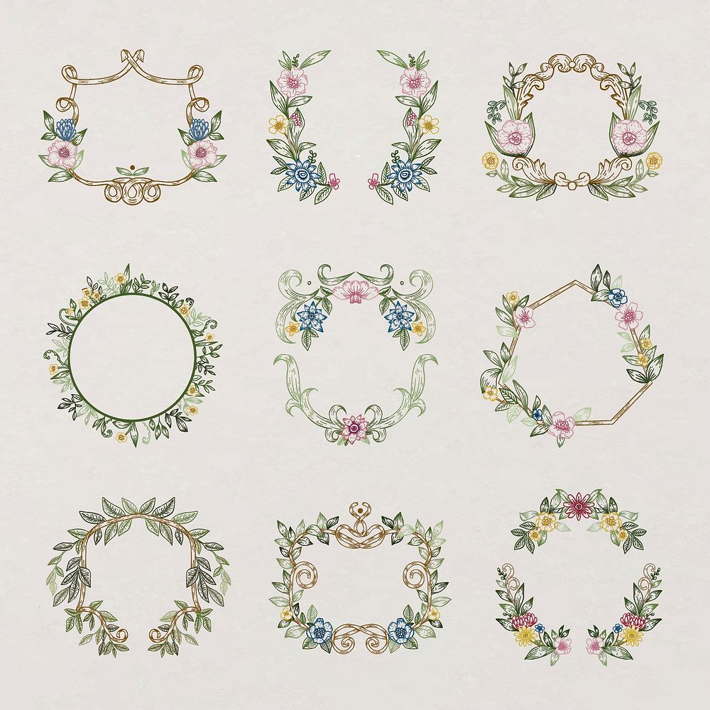 Vintage frame, flower wreath illustration, botanical design set vector