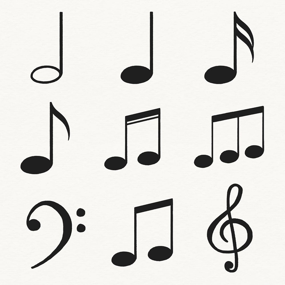 Musical notes, clef sticker, black doodle set psd