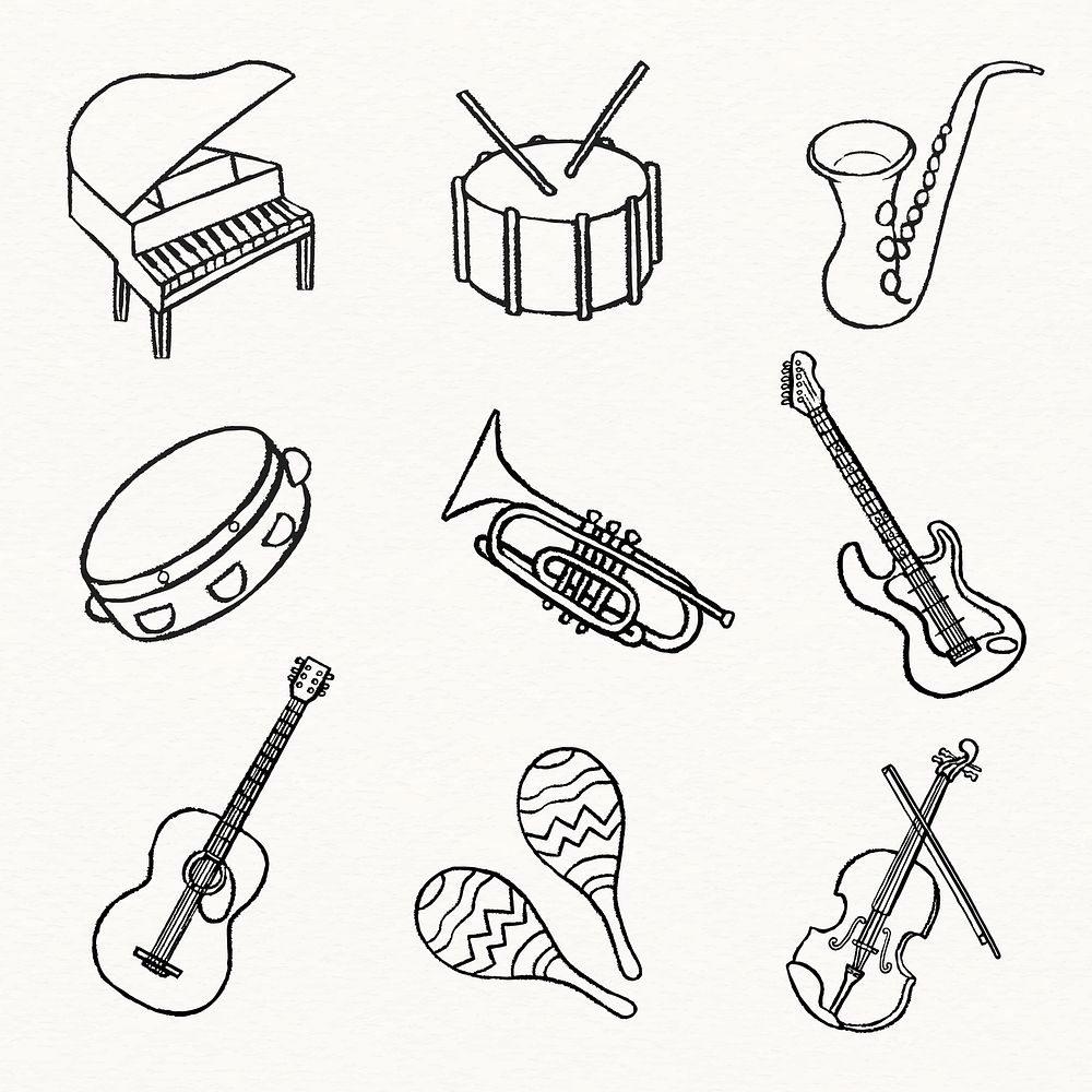 Musical instruments sticker, cute doodle vector set