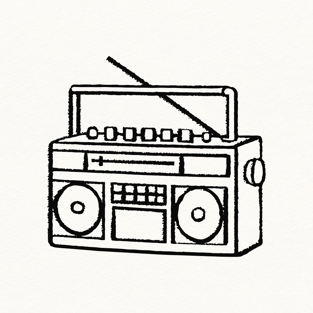 Boombox doodle sticker, retro music player psd