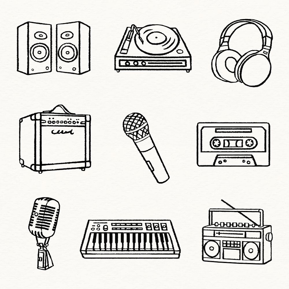 Musical equipment stickers, electronics doodle psd set