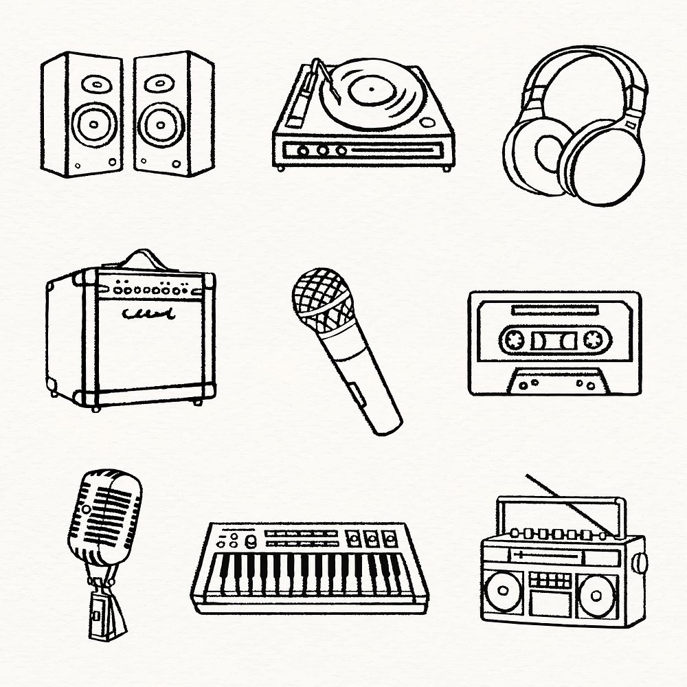 Musical equipment stickers, electronics doodle vector set