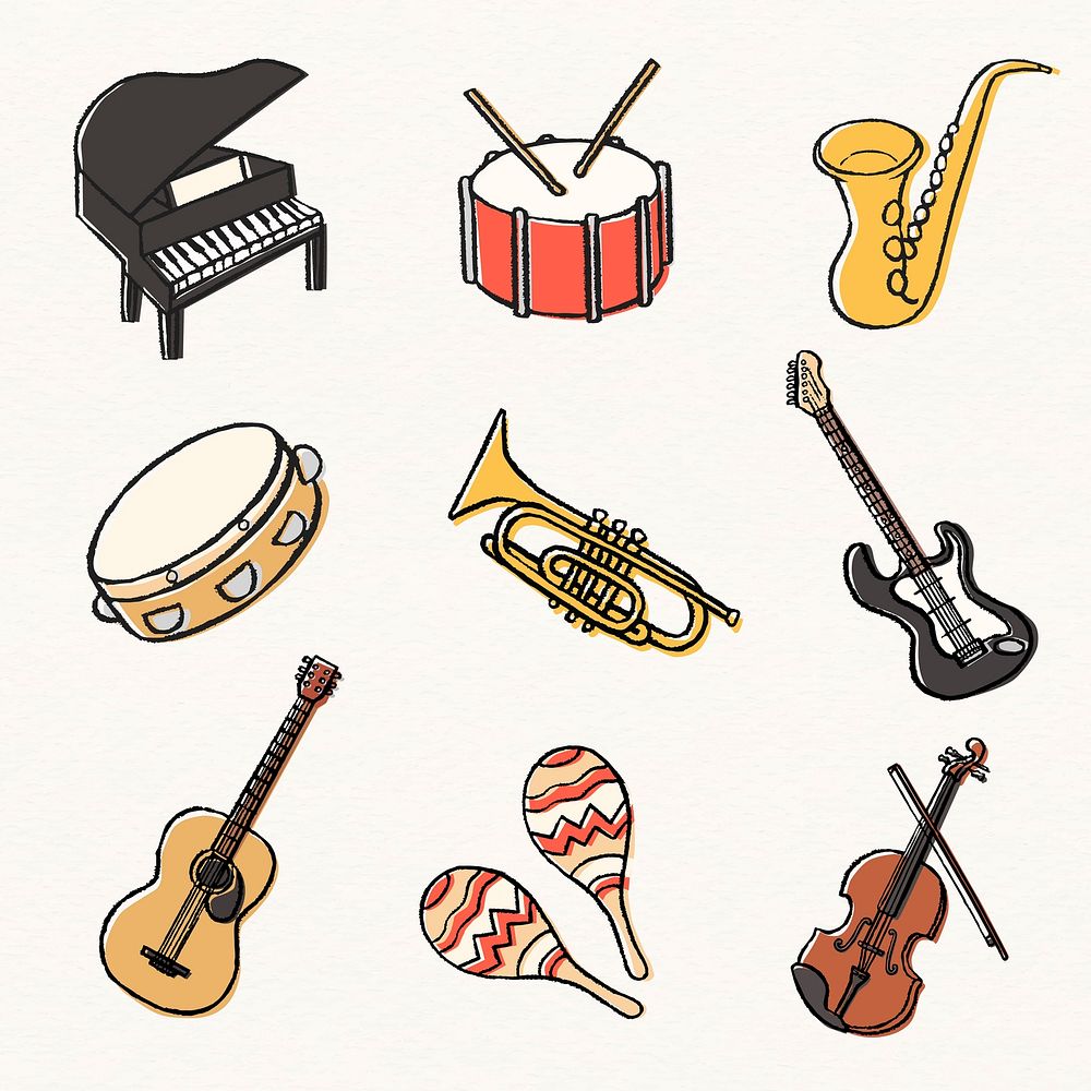 Musical instruments sticker, cute doodle vector set