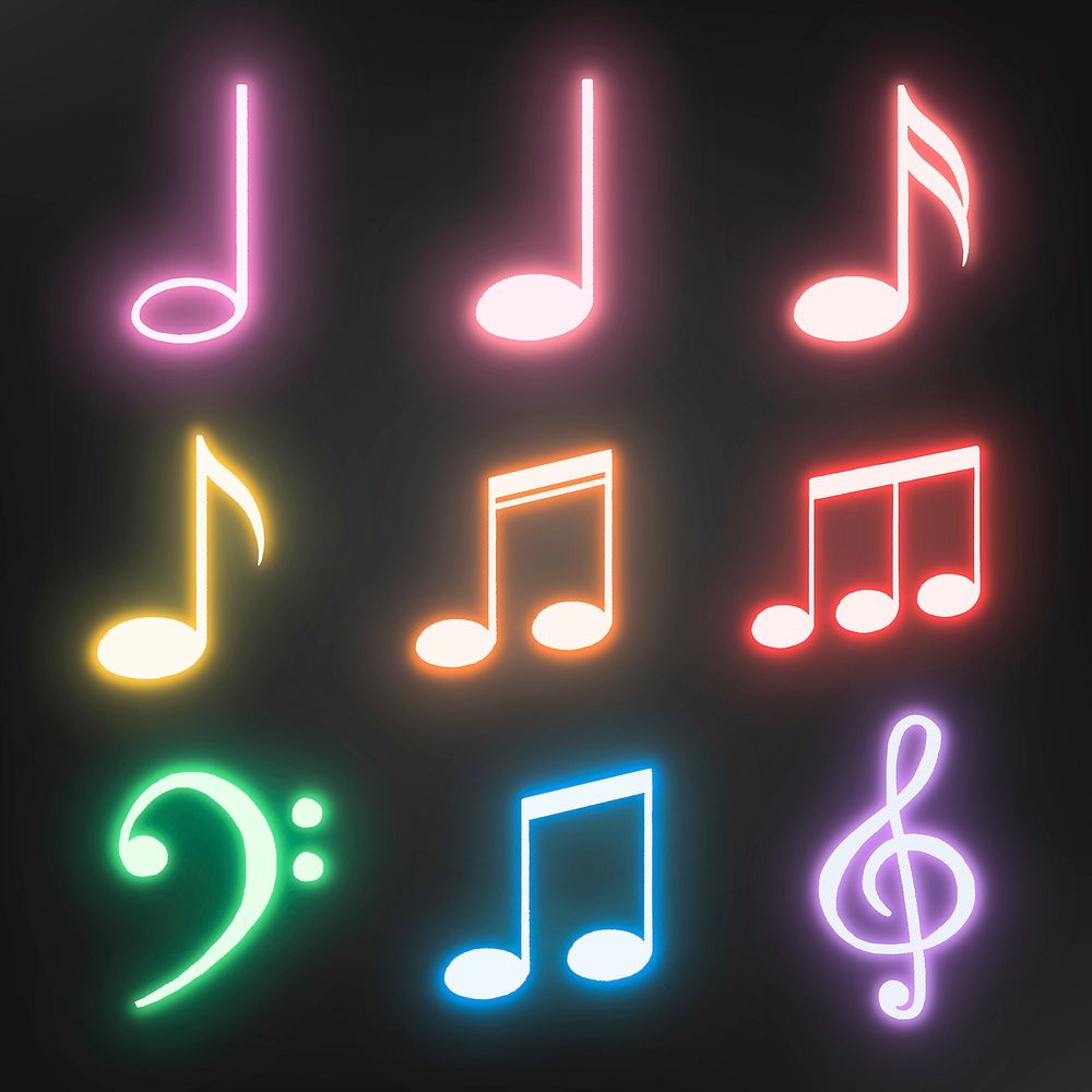 Musical notes, clef sticker, colorful neon set vector