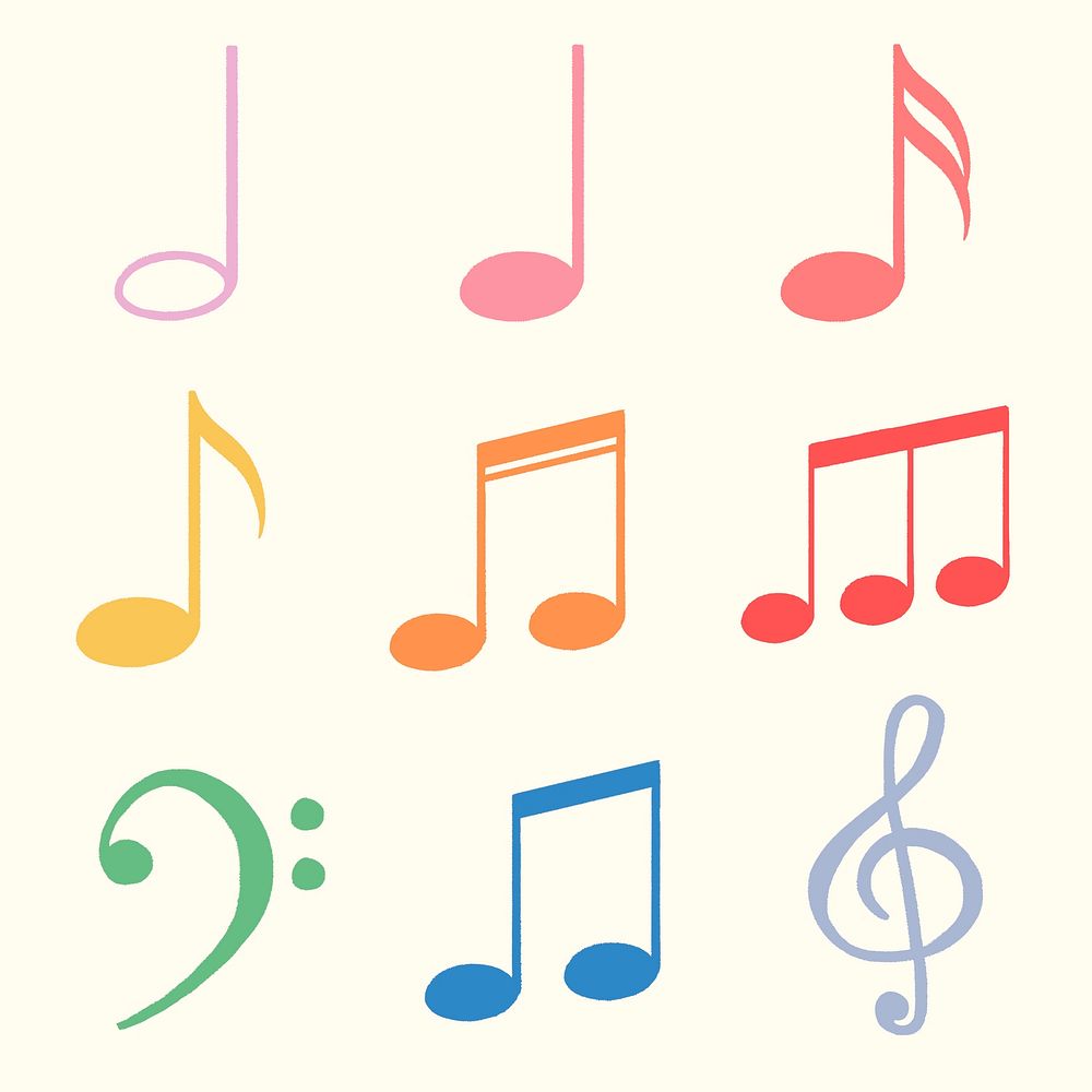 Musical notes sticker, colorful doodle set psd 