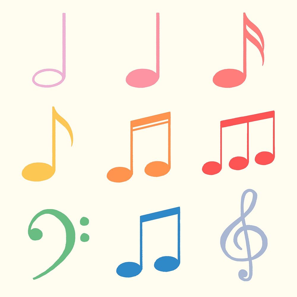 Musical notes, clef sticker, colorful doodle set vector