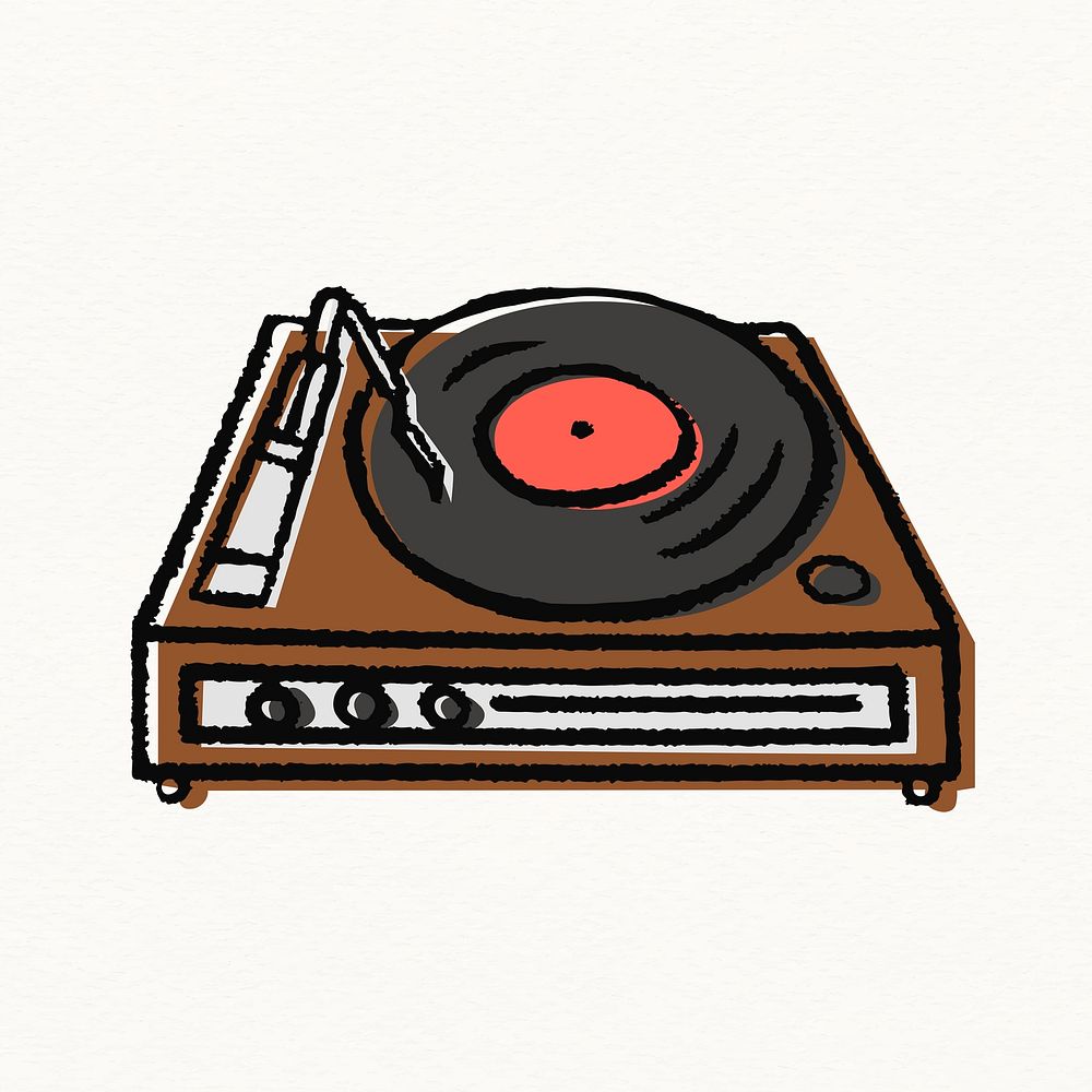 Record player sticker, music doodle psd