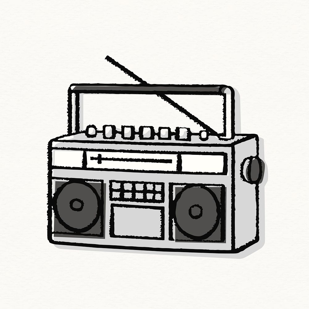 Boombox doodle sticker, retro music player psd