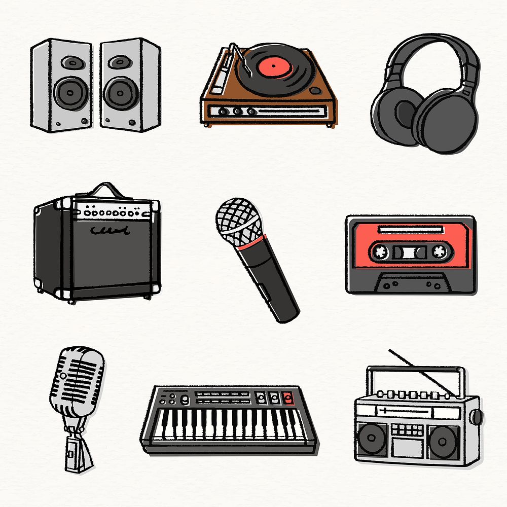 Musical equipment stickers, electronics doodle vector set