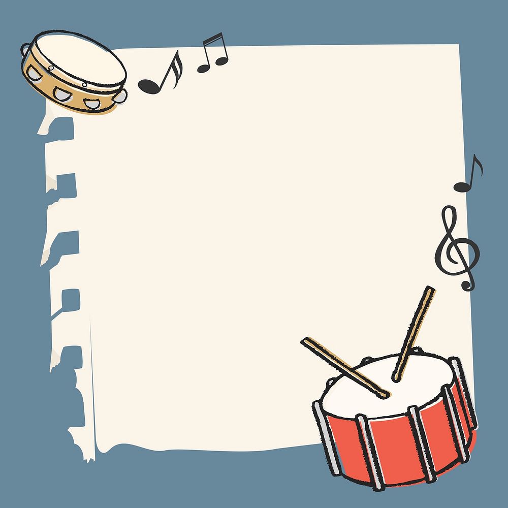 Cute doodle frame background, music, snare drum psd
