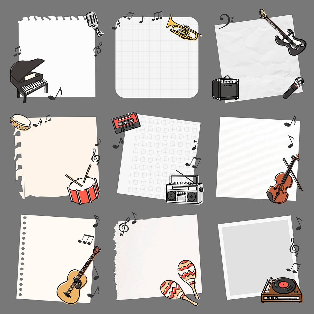 Music doodle frame clipart, retro design set vector