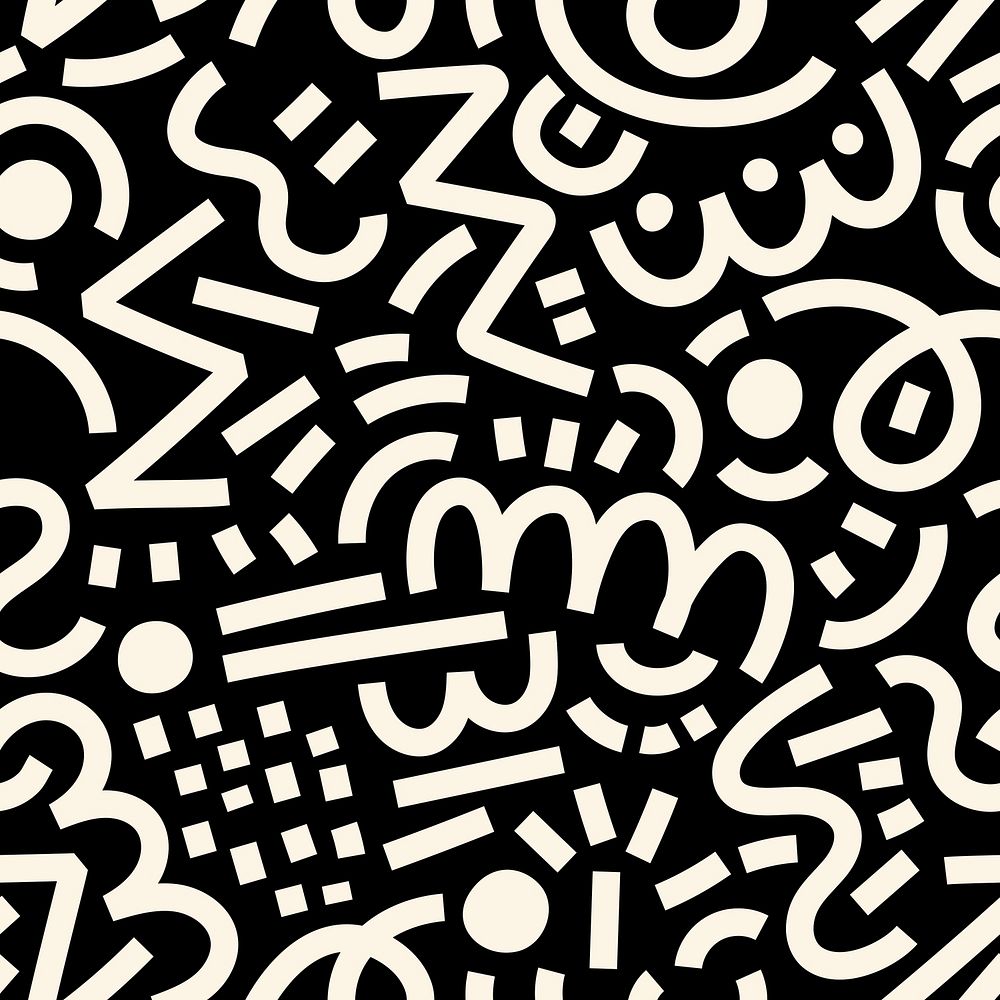 Black & white Memphis seamless pattern, doodle design psd