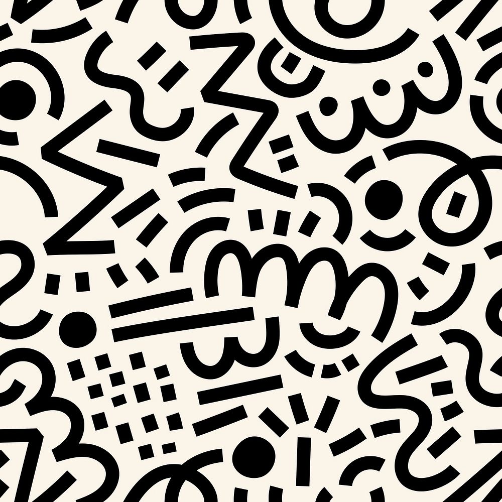 Black & white Memphis seamless pattern, doodle design psd