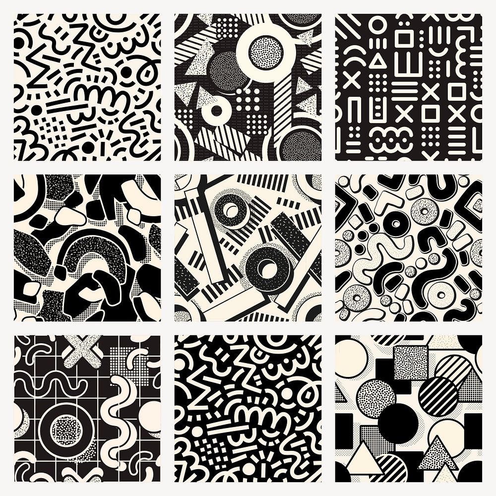 Memphis seamless pattern social media banner, aesthetic black design vector set
