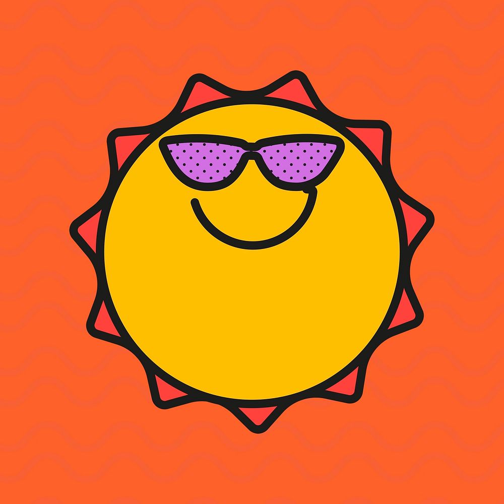 Funky sun sticker, sunny summer weather graphic psd