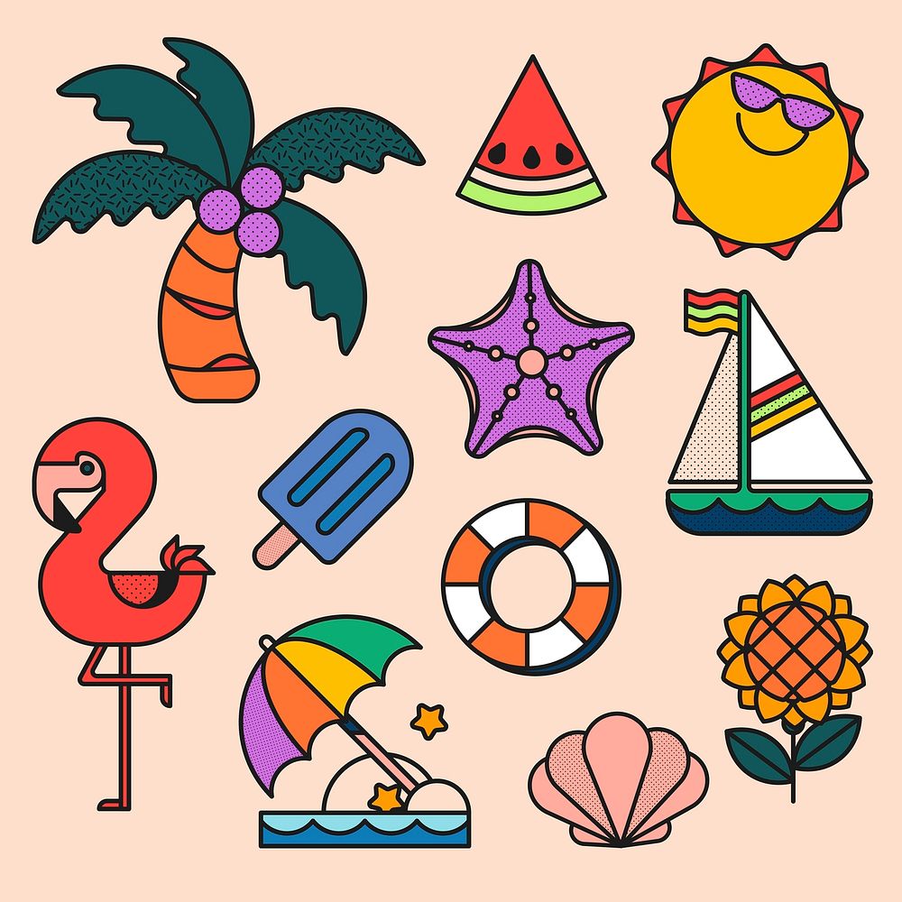 Beach vacation clipart, colorful design vector set