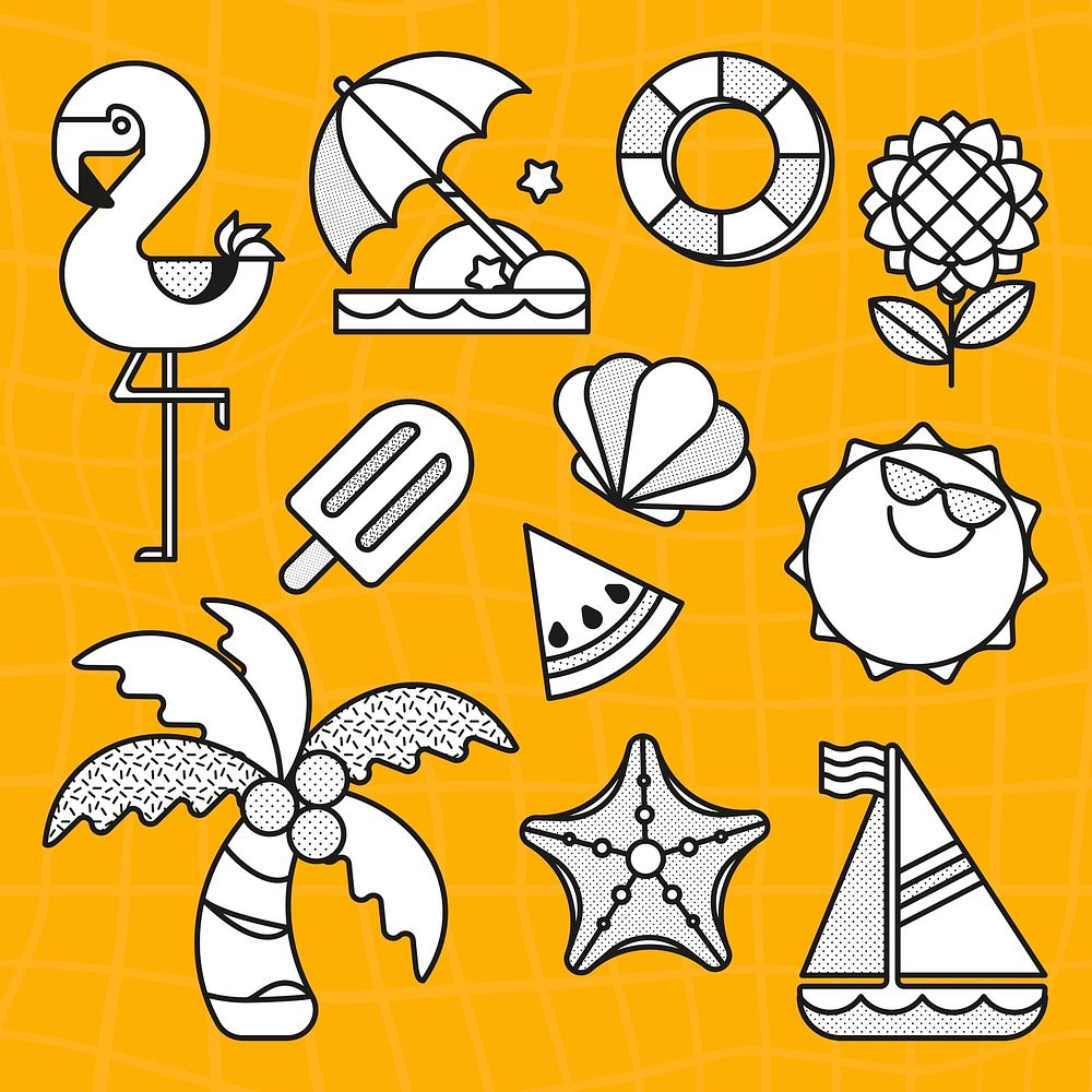 Beach vacation doodle stickers set psd