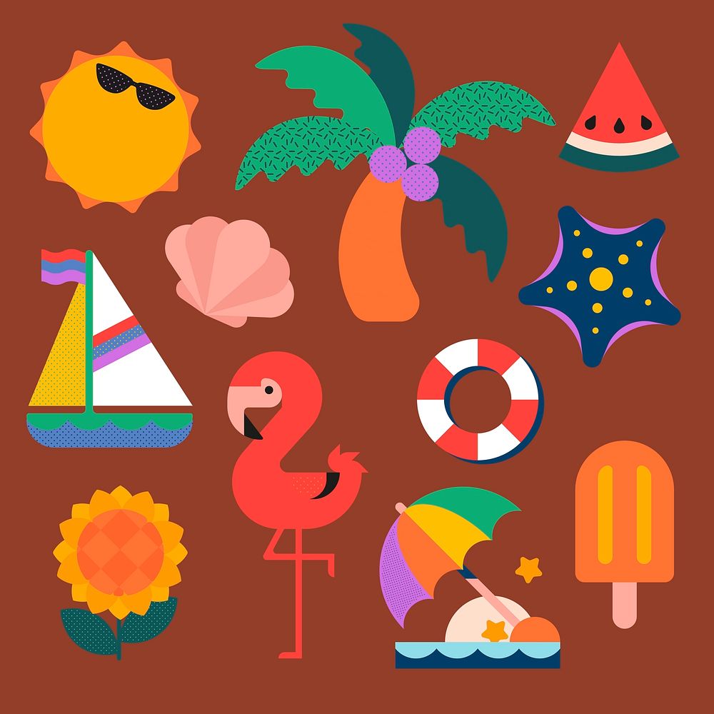 Summer beach sticker, colorful design set, psd