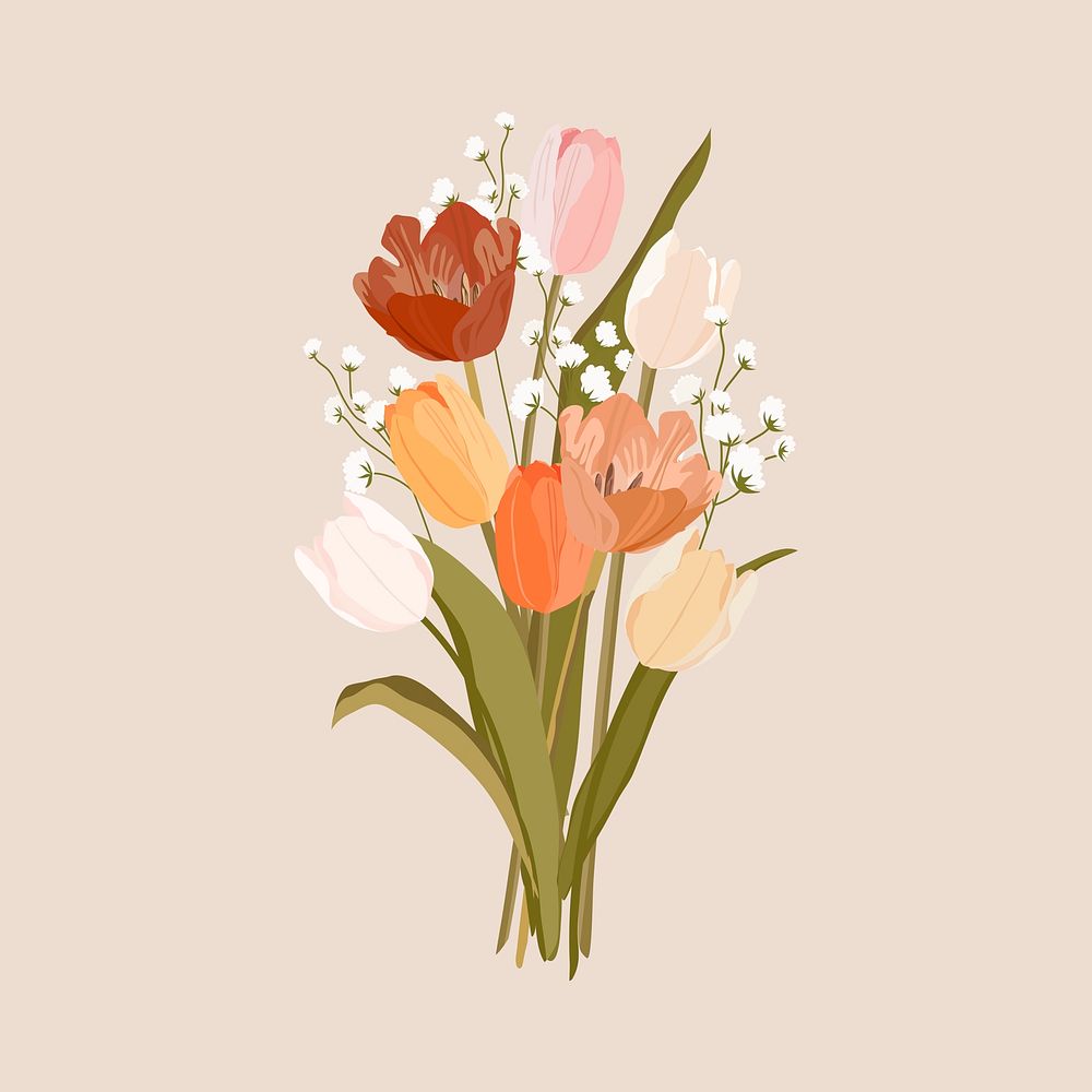 Tulip bouquet clipart, aesthetic flower illustration psd