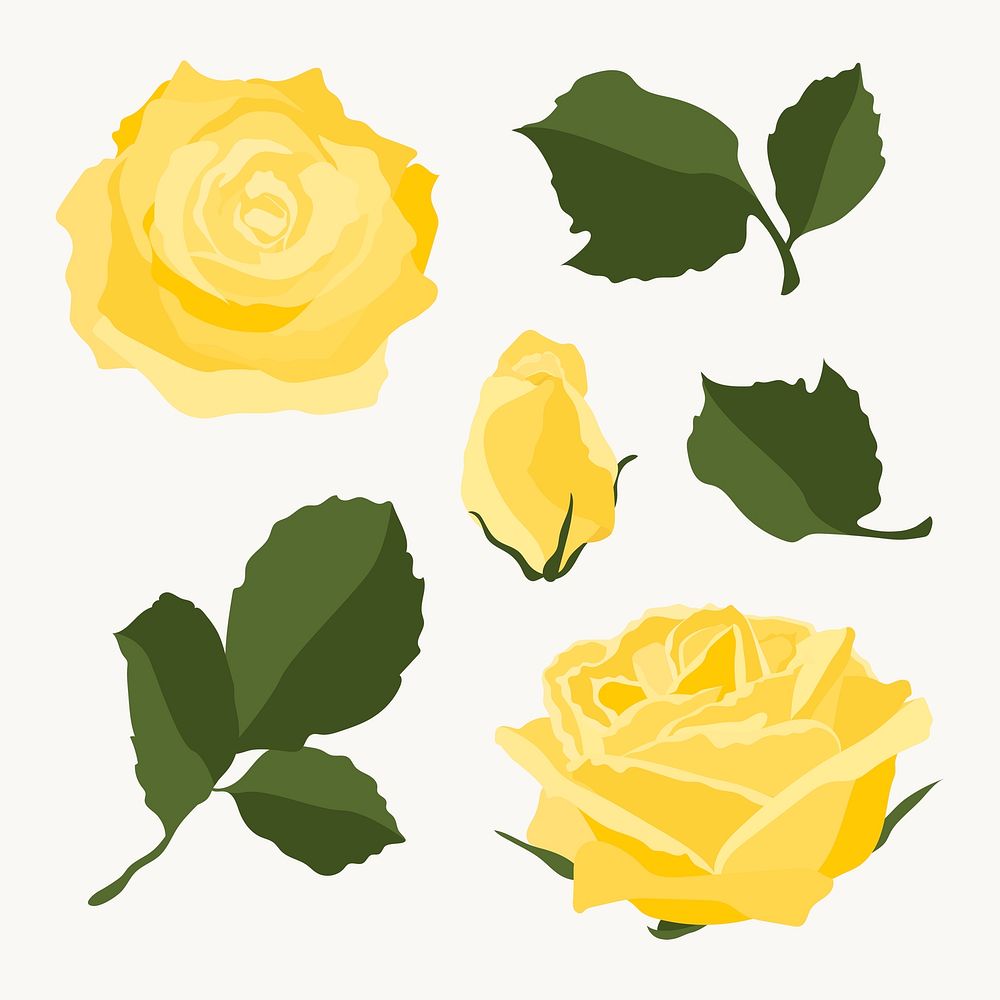 Yellow rose sticker, spring flower illustration set psd