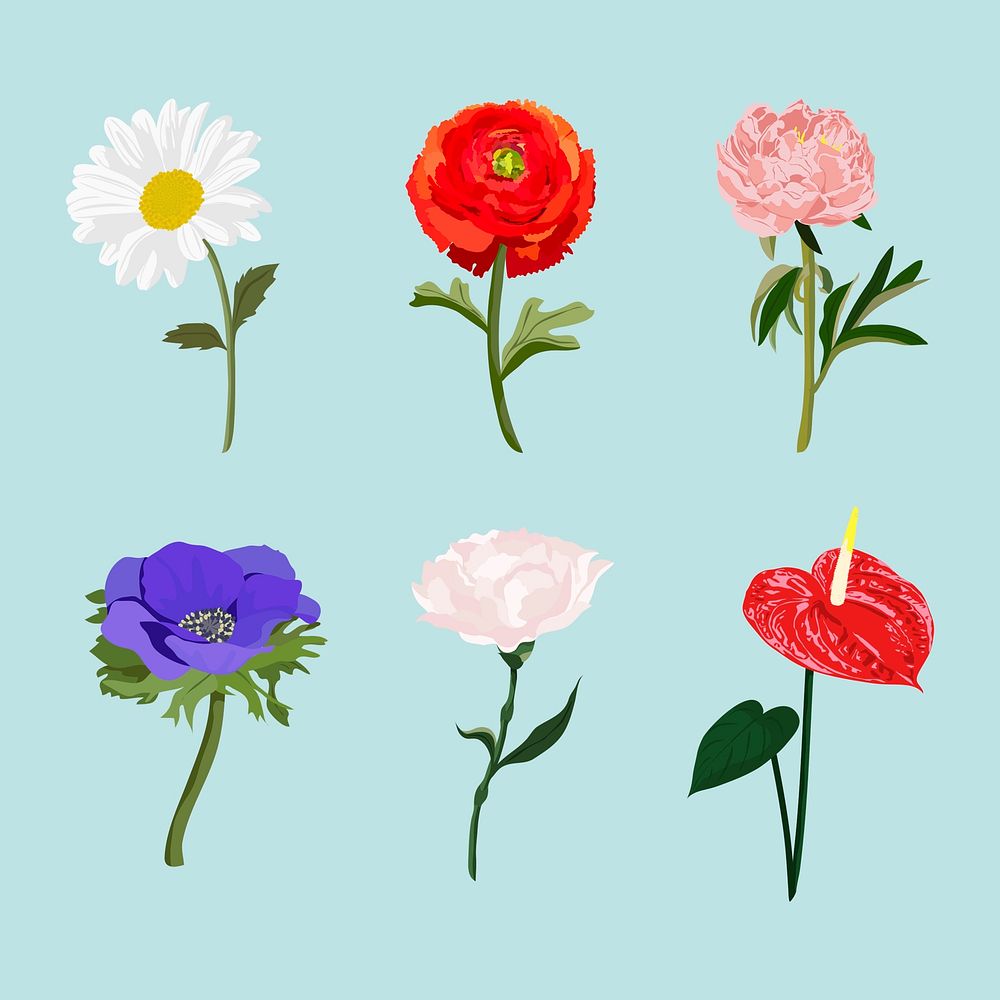 Colorful flower sticker, spring aesthetic illustration vector set