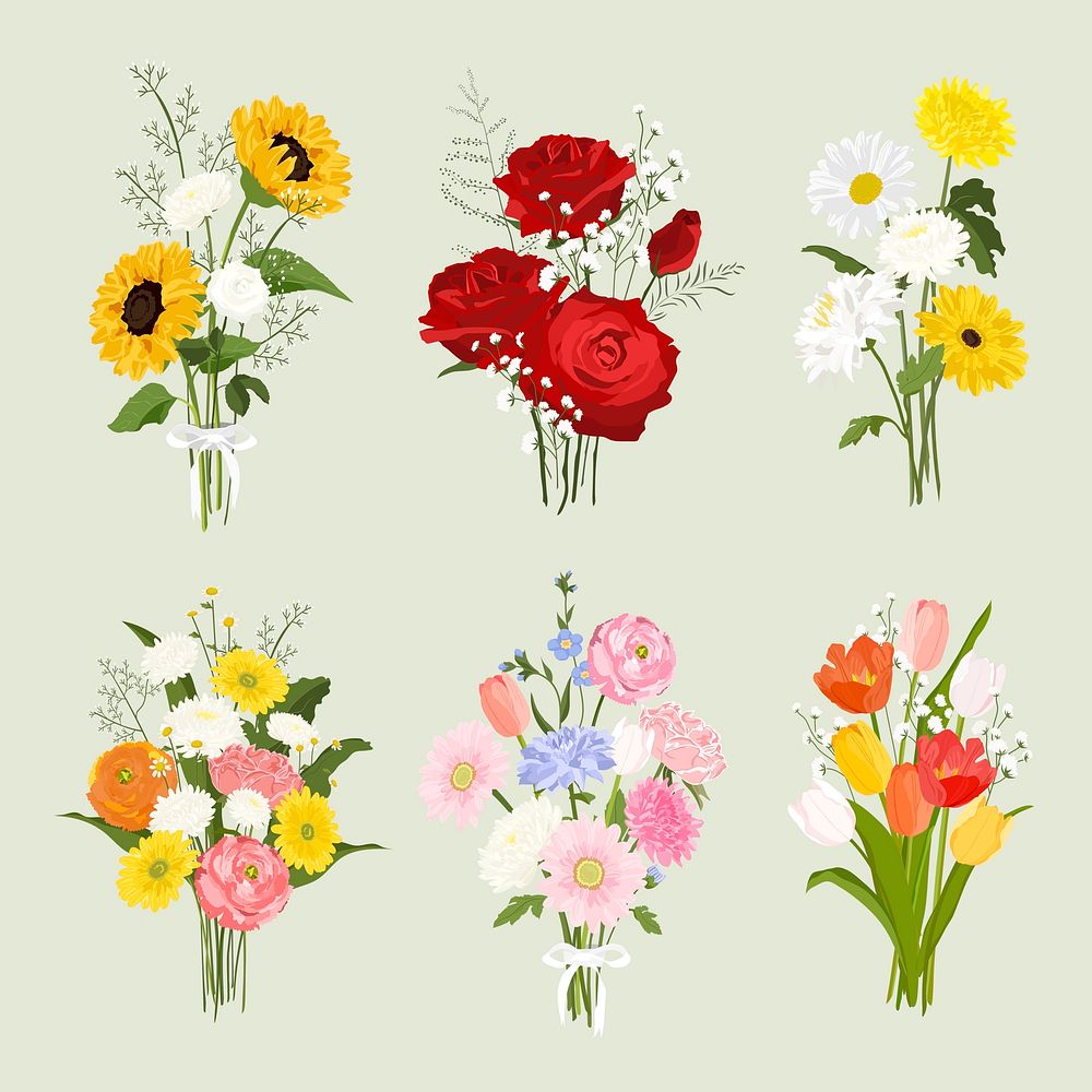 Flower bouquet sticker, colorful wedding illustration psd set