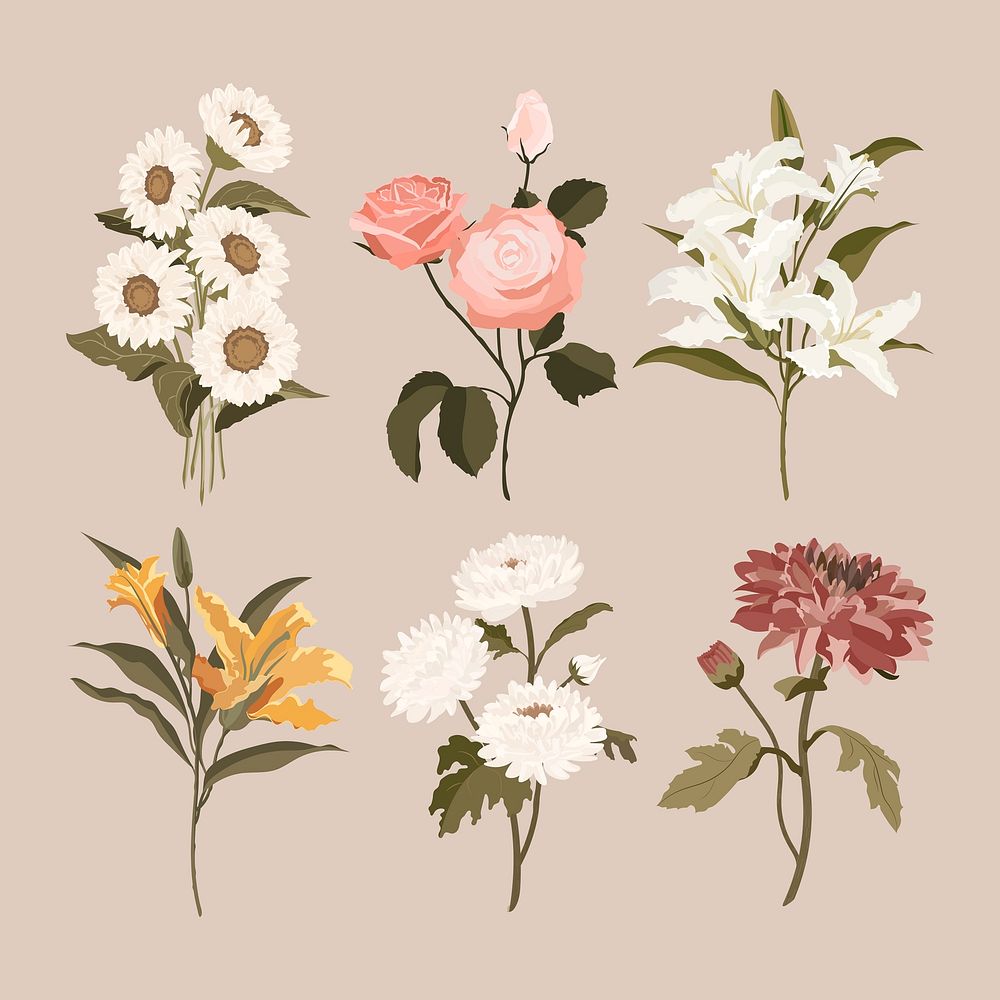 Feminine flower stickers, botanical illustration in earth tone vector set