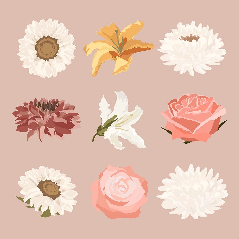 Pastel flower sticker, realistic botanical illustration psd set