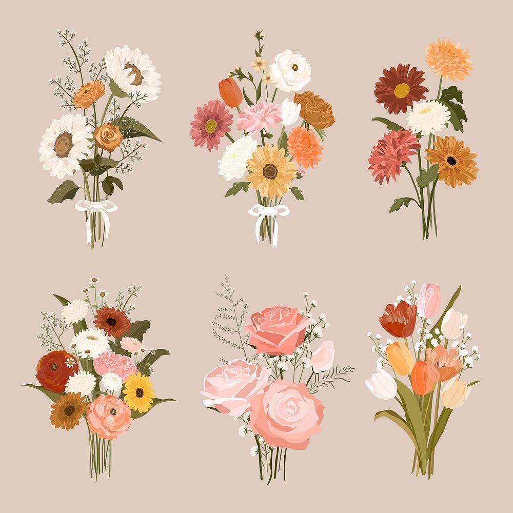 Flower bouquet sticker, pastel wedding illustration vector set