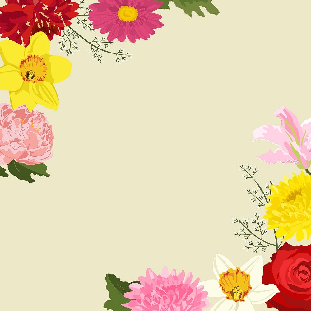 Floral beige background, colorful botanical border frame